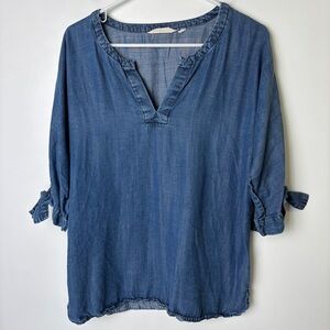 Soft Surroundings Tencel Chambray Top Cold Shoulder Sleeves